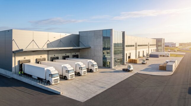 Trucks are parked outside a logistics center. Workers are loading and unloading goods. It is daytime and the sun is shining clearly. The facility is large and has a modern design