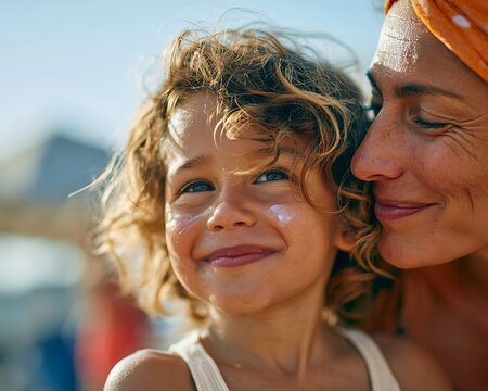 Happy mother and child with sunscreen lotion on faces, symbolizing UV protection, family care, healthy skin habits, and summer safety during a beach vacation.