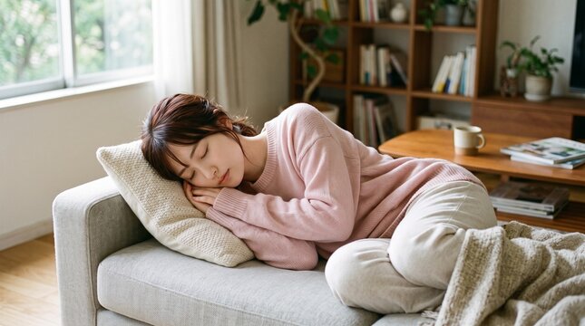 Young woman wearing a soft pink sweater takes a peaceful nap on a comfortable grey couch during a sunny afternoon in her cozy living room interior