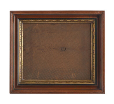 Vintage antique wood frame overlay isolated on transparent background (png). Dark brown square timber border with ornate gold gilt inner rim and weathered rustic plank