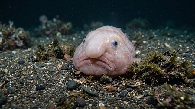 Close up portrait of a sad pink blobfish resting on the dark sandy ocean floor captured with sharp focus and detailed natural marine aquatic textures