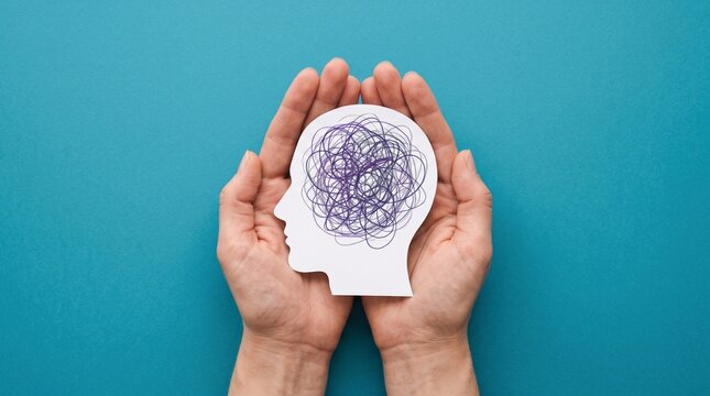 Human hands gently cradling a white paper cutout of a human head silhouette filled with dark purple scribbles representing mental health struggles and psychological confusion