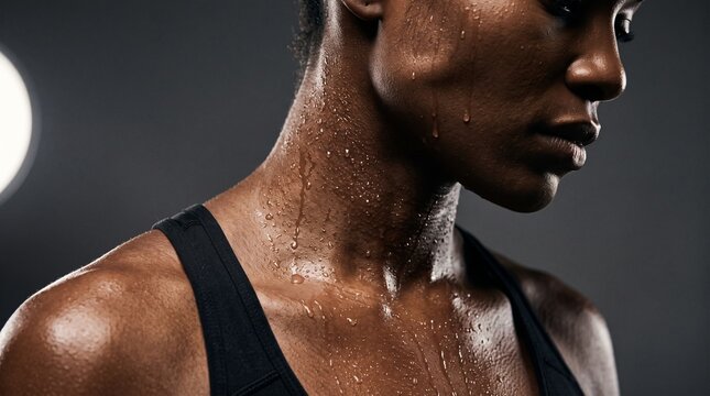 Close up portrait of a young athletic woman with glowing skin covered in sweat after an intense workout session captured with dramatic and moody studio lighting