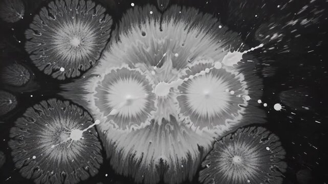 Abstract white liquid ink blooms and splashes on a black background creating organic fractal patterns
