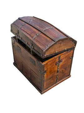 A vintage wooden treasure chest sits with an open curved lid. The chest has rustic metal hardware and is placed on a pure white background.