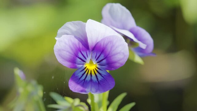 4K Purple Pansy Flower Close Up in Garden. Beautiful Violet Bloom with Yellow Center, Soft Green Bokeh and Natural Floral Background, 2160p