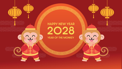 Chinese New Year 2028 greeting card with monkey mascot in tang suit. © Alix