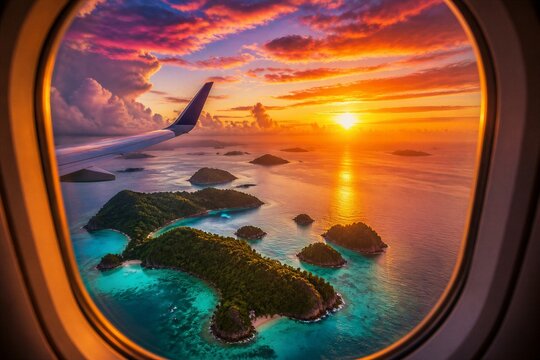 A plane flies over a group of islands surrounded by water. The sun sets in the distance, painting the sky with bright colors. Clouds float above the scene.