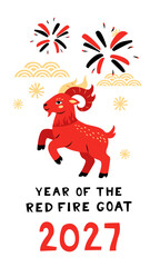Fototapeta premium Happy Lunar New Year of Red Fire Goat greeting card folk style 2027