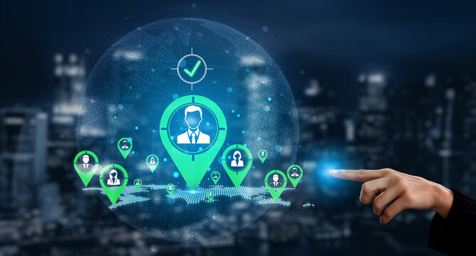 Futuristic Digital Network with Business Professionals and Geolocation Markers in a Night Cityscape Fluxor.