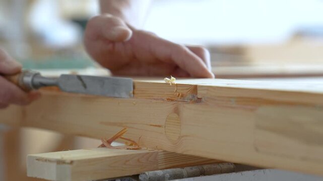 Details of working progress in restoration workshop, craftsman hands carving wooden frame with chisel tool, repairman working in carpentry renewing window frame, shaping wooden layers with instrument.