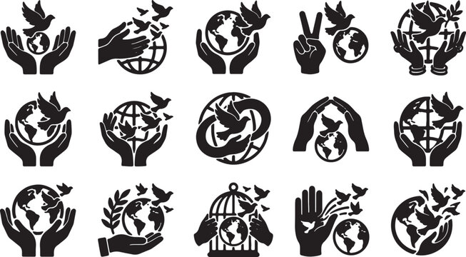 Global peace and human rights icons with dove birds holding world globe and helping hands.