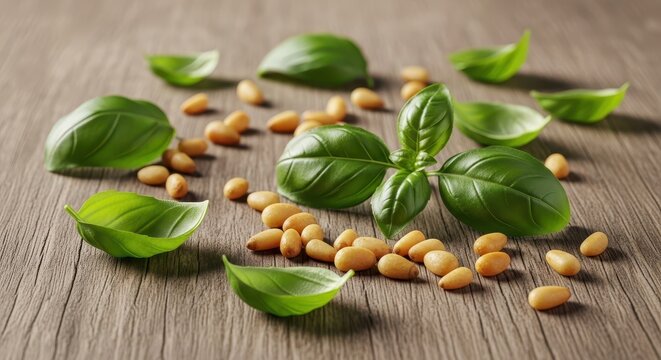 Fresh green basil leaves and golden roasted pine nuts scattered on a rustic wooden surface, perfect for making traditional homemade pesto, wooden, green, fresh