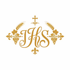Elegant Golden Monogram with Religious and Agricultural Symbols. © Joi