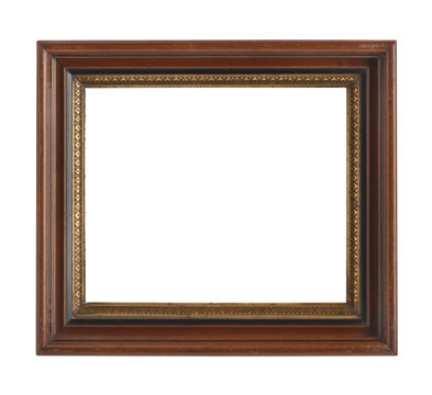 Vintage antique wood frame overlay isolated on transparent background (png). Dark brown square timber border with ornate gold gilt inner rim and blank cutout center