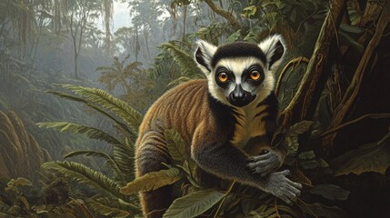 Fototapeta premium Ring-tailed lemur in lush rainforest, gazing intently.