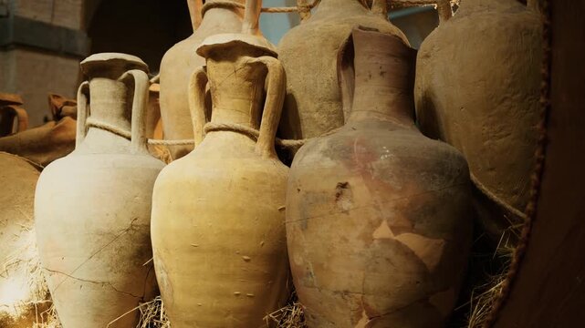 Large amphora jars arranged in warm light