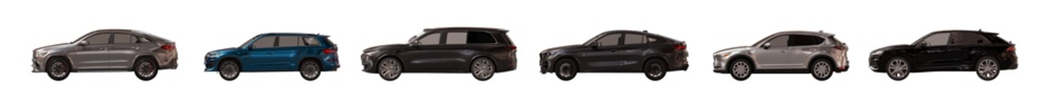 side view of unbranded modern cars in parking lot lighting isolated png on a transparent background premium cutout (car cutouts, automotive assets)