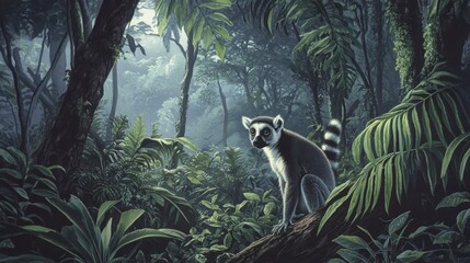 Fototapeta premium Ring-tailed lemur sitting on a tree branch in a lush, misty rainforest.