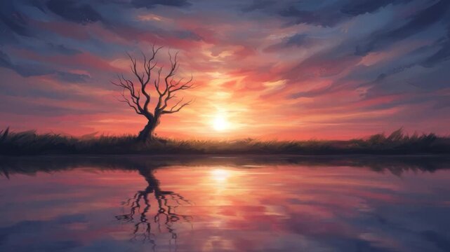 A serene sunset painting with a bare tree and mirrored reflection in water