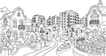 Fototapeta premium City landscape. Line urban backdrop, different buildings on street, doodle street draw, outline cityscape hand sketch, flat houses. Hand drawn vector illustration