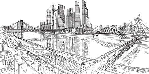 Fototapeta premium City landscape. Line urban backdrop, different buildings on street, doodle street draw, outline cityscape hand sketch, flat houses. Hand drawn vector illustration