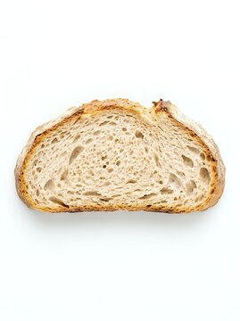 Sliced artisan bread with golden crust and airy crumb structure, isolated on white background for bakery, food packaging, and culinary design projects.