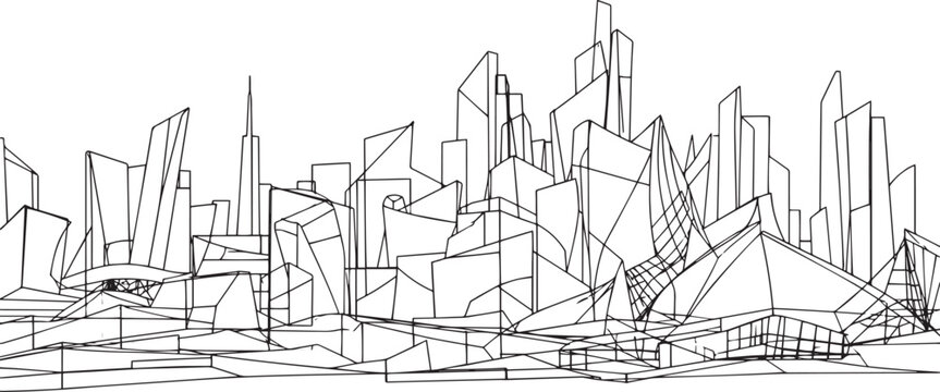City landscape. Line urban backdrop, different buildings on street, doodle street draw, outline cityscape hand sketch, flat houses. Hand drawn vector illustration