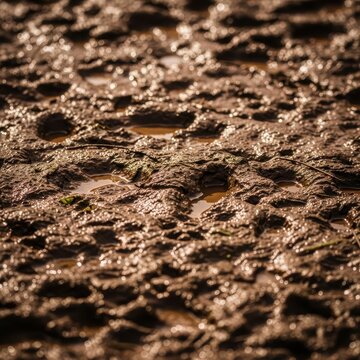 Detailed texture of thick, sticky, dark brown mud covering the ground in a natural environment after sustained rainfall, deterioration, erosion, thick