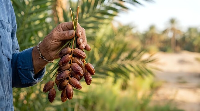 Farmer holding fresh date palm fruit bunch in hand at plantation farm, harvesting ripe dates outdoors.