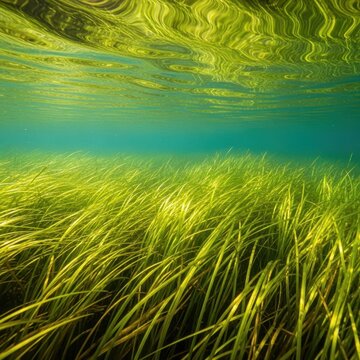 Lush green freshwater grass sways gently beneath the surface of a crystal clear river as sunlight filters through the calm ripples above, lush, wild, bed