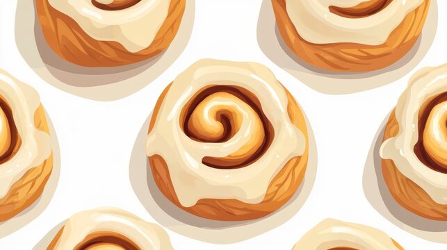 Seamless pattern of delicious cinnamon rolls with creamy frosting.