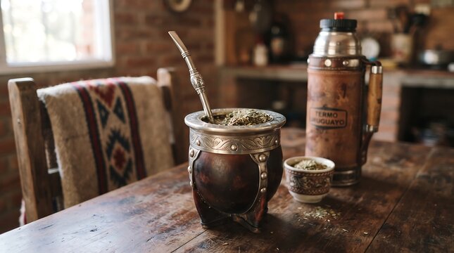 A rustic scene features a traditional mate gourd with a bombilla and a thermos on a wooden table, inviting a moment of shared cultural experience and refreshment.