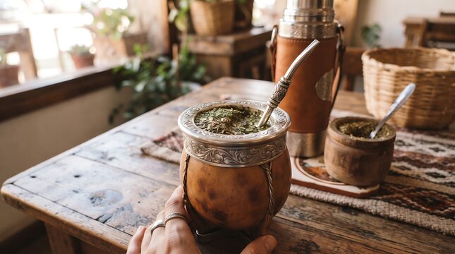 A hand reaches for a traditional mate gourd, filled with yerba mate herb and ready for sipping, placed on a rustic wooden table beside a thermos and other mate accessories.