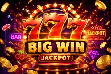 Obraz premium A slot machine shows a big win with bright lights and symbols. Gold coins and chips fall around. People enjoy the excitement at a casino. The setting is lively and bright at night.