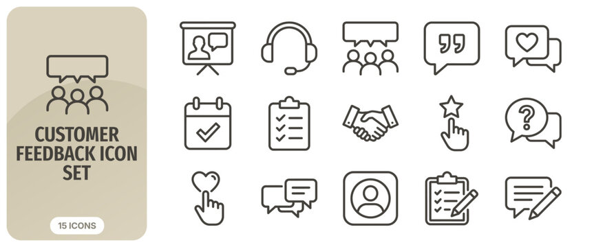 Customer feedback icon set line icons for customer support, testimonials, rating, review, survey, handshake, chat, user profile, and support vector illustration