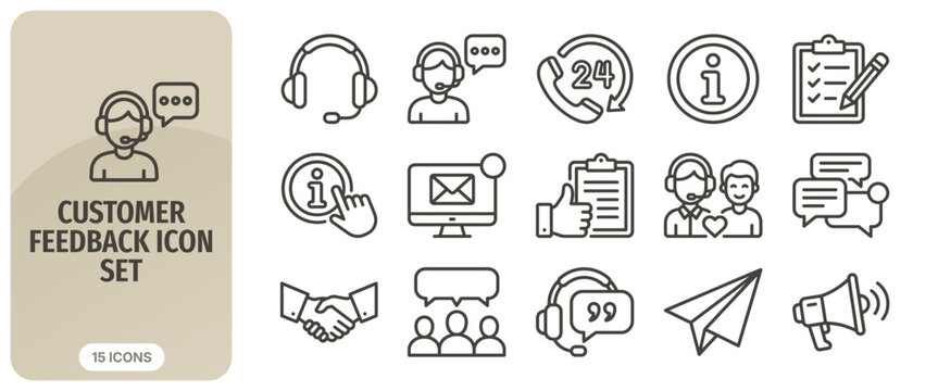 Customer feedback icon set line icons for customer service, support, contact us, helpdesk, testimonials, and communication vector illustration