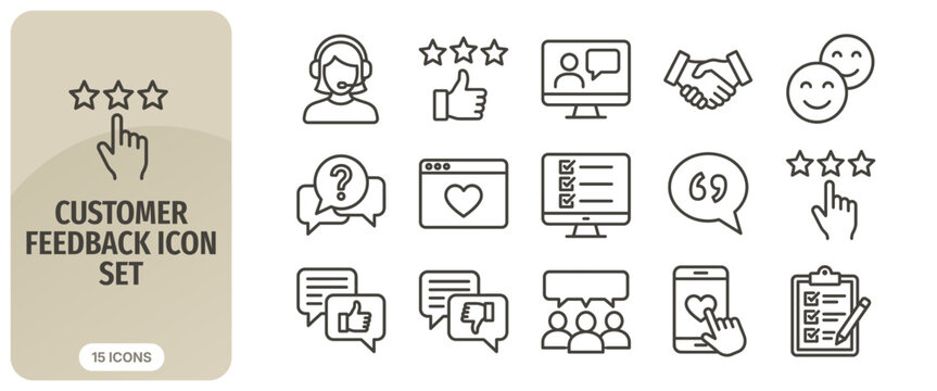 Customer feedback icon set line icons for customer service, support, review, rating, testimonials, survey, and user experience vector illustration