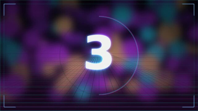 Countdown timer with a retro-futuristic neon style and vintage glitch effect featuring a stopwatch