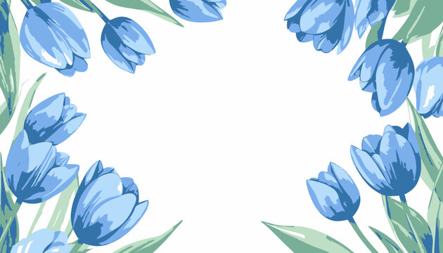 Blue tulip flowers forming border on white background.
