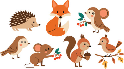 Fototapeta premium Cute forest animals collection in autumn vector illustration