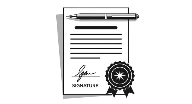A formal document with a signature line, a pen, and a seal, representing an agreement or contract.