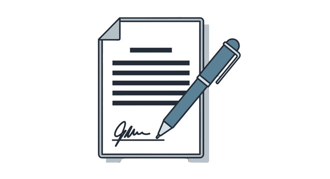 A pen is shown signing a document with a signature on a white background.