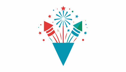 Fototapeta premium Colorful firework rockets popping out of blue festive cone.