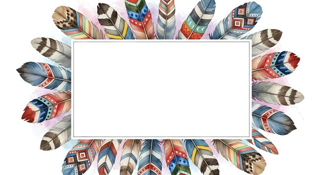 Colorful decorative feather frame border with empty copy space in center