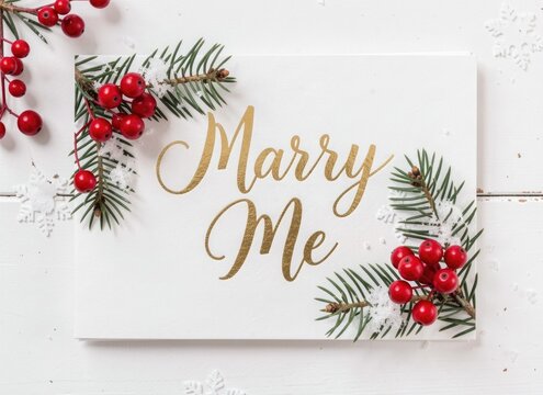 Marry Me card top view with red berries and pine, winter wedding proposal, festive invitation