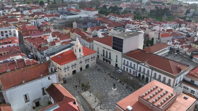 Aerial view of Aveiro city and Ria de Aveiro, Moliceiro Boats are floating by City Channel in Aveiro, Portugal