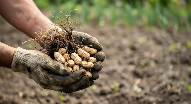 Farmer holding freshly harvested peanuts with soil and roots in hands over cultivated field, agricultural harvest and farming concept.