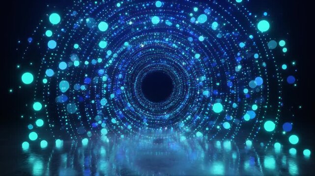 深い紺色の空間で無数の青とシアンの発光粒子が巨大な渦を描き光跡と反射を伴い中心へ吸い込まれる