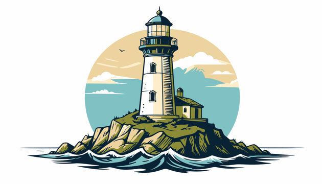 Lighthouse on rocky island with ocean waves.